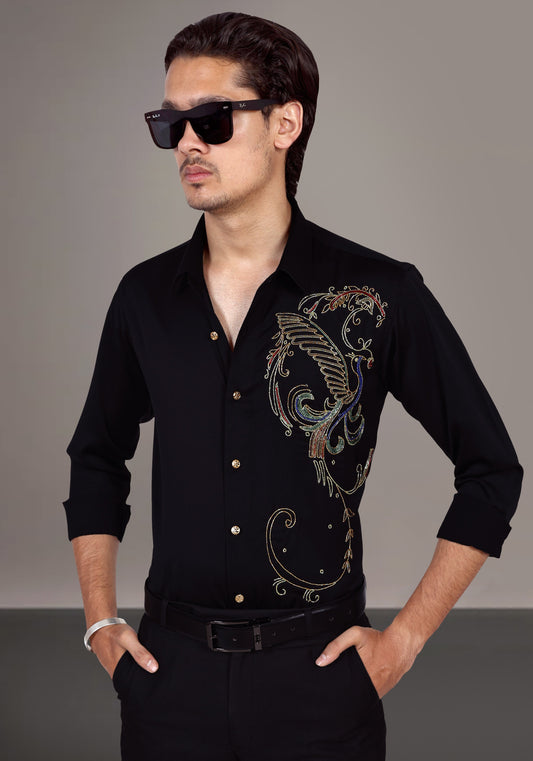 Dancing Peacock Luxury Hand Embroidered Shirt