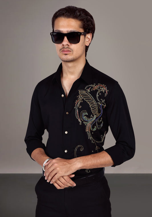 Dancing Peacock Luxury Hand Embroidered Shirt