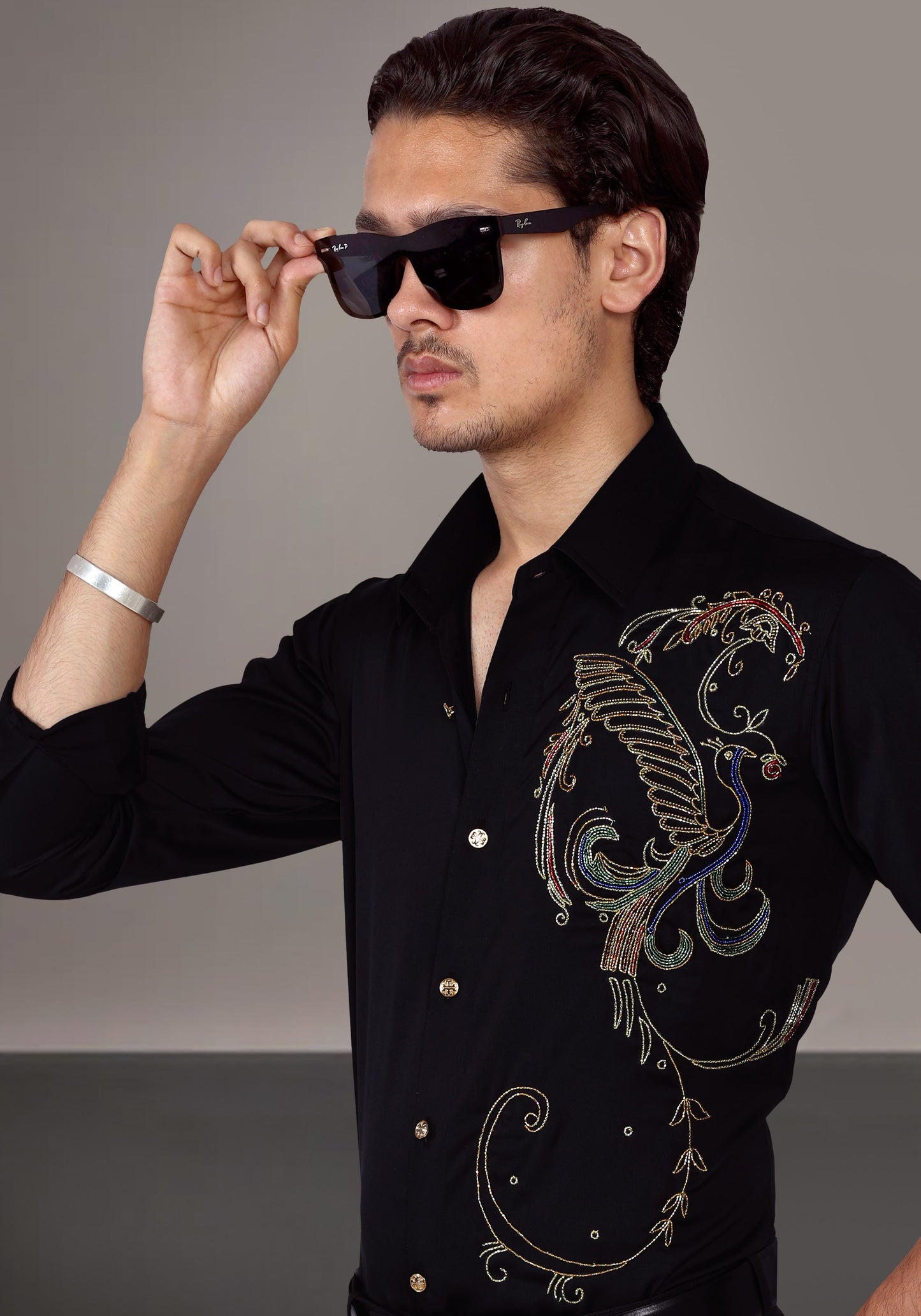 Dancing Peacock Luxury Hand Embroidered Shirt
