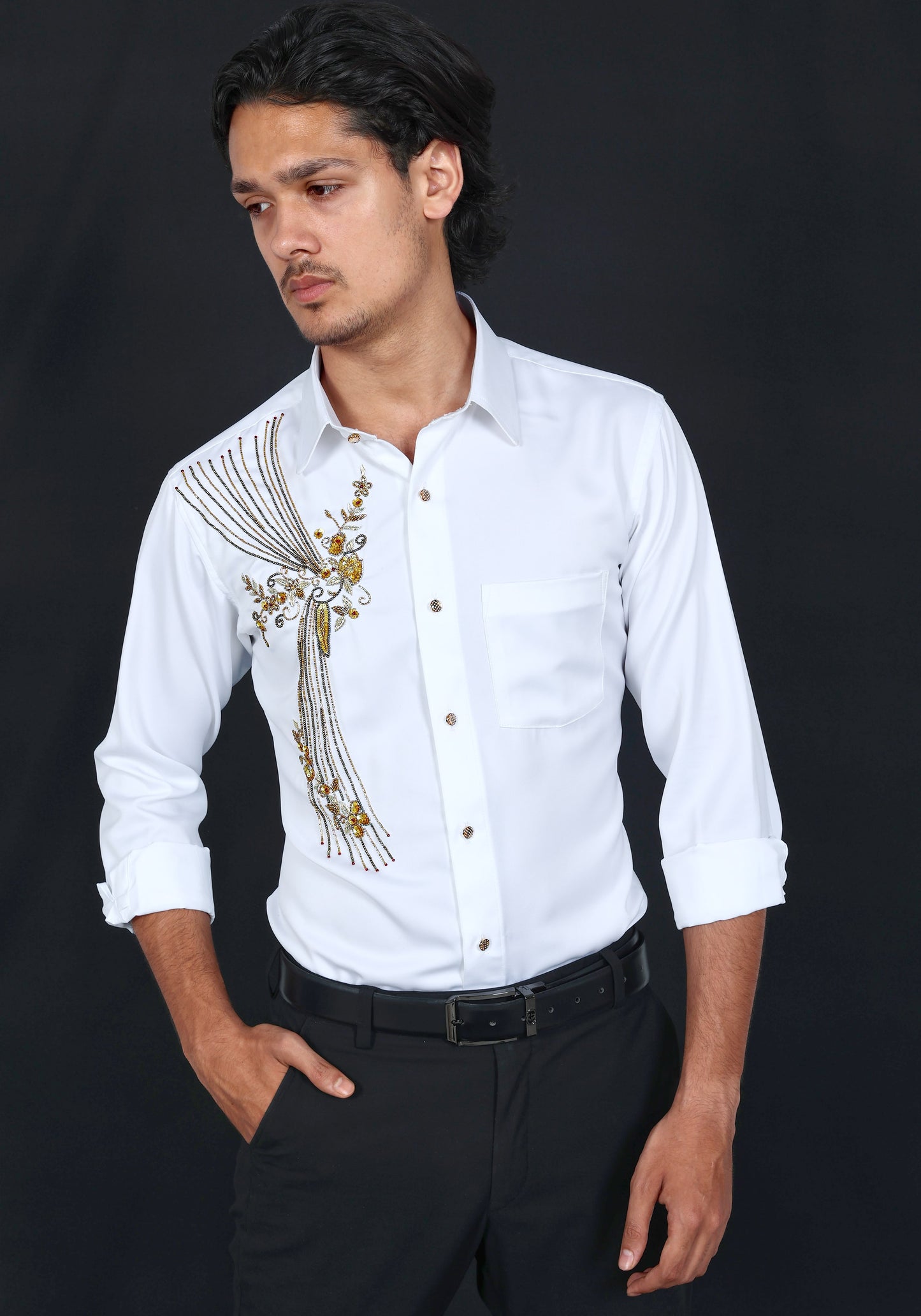 Flowers and Lines Luxury Hand Embroidered Shirt