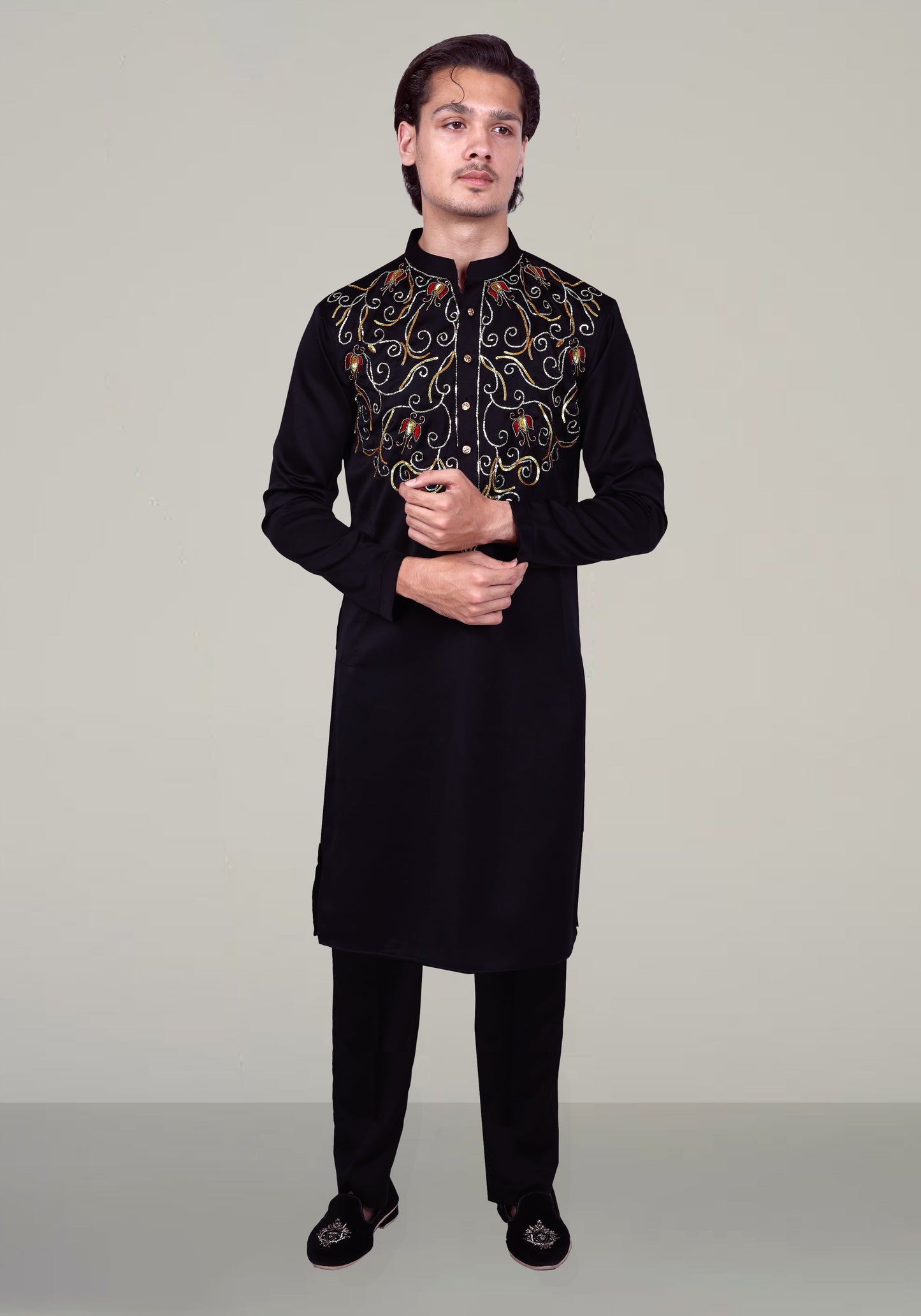 Fuchsia Flower Hand Embroidered Kurta Set