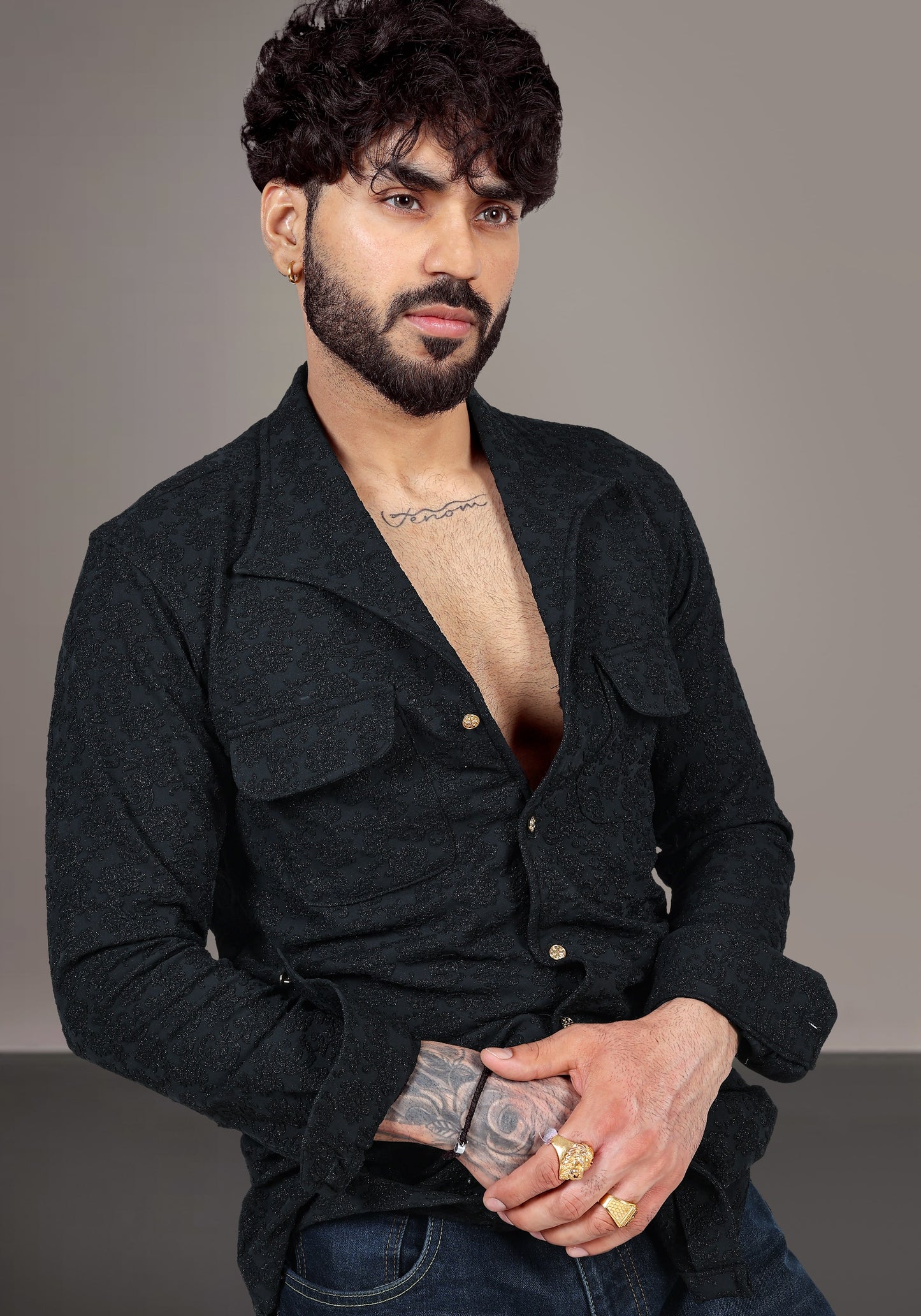 Black Textured Jacquard Premium Designer Shirt