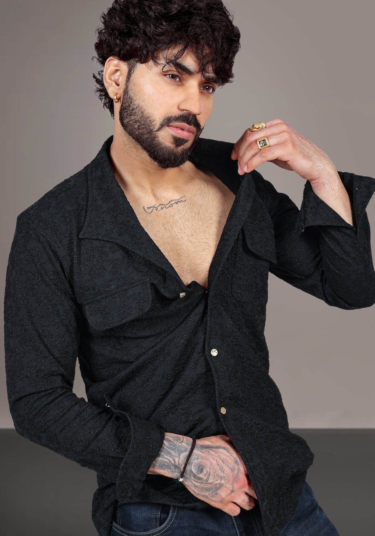 Black Textured Jacquard Premium Designer Shirt