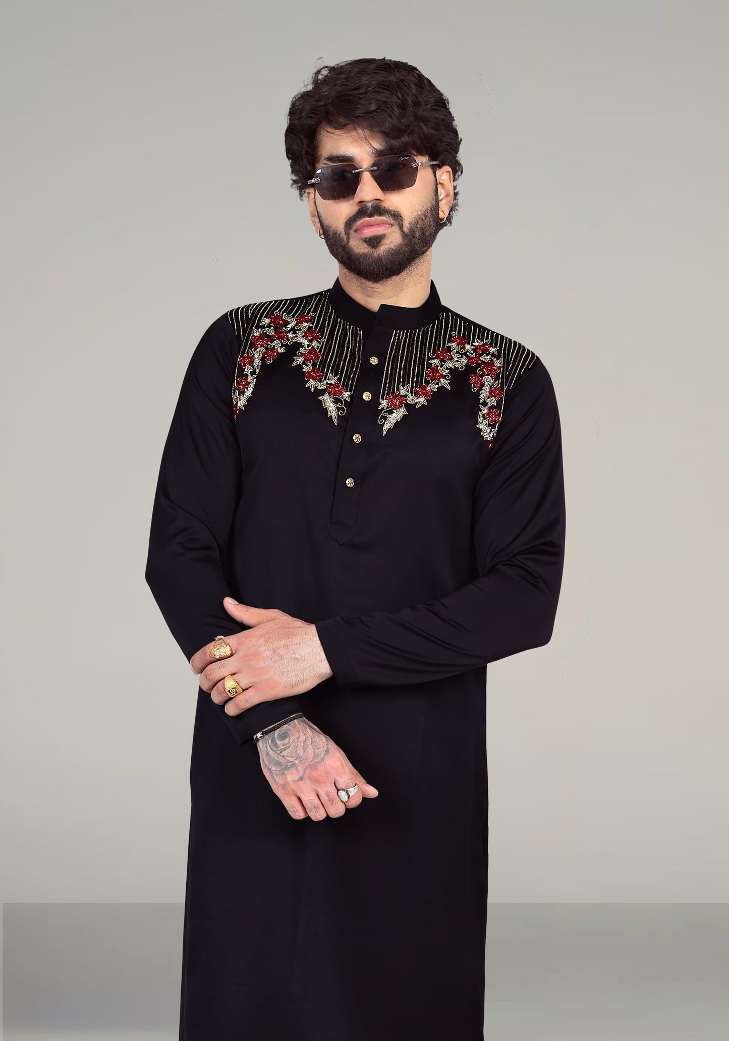 Lines and Flowers Hand Embroidered Kurta Set