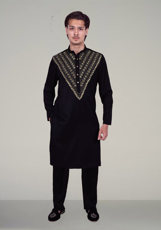 V-Neck Hand Embroidered Kurta Set