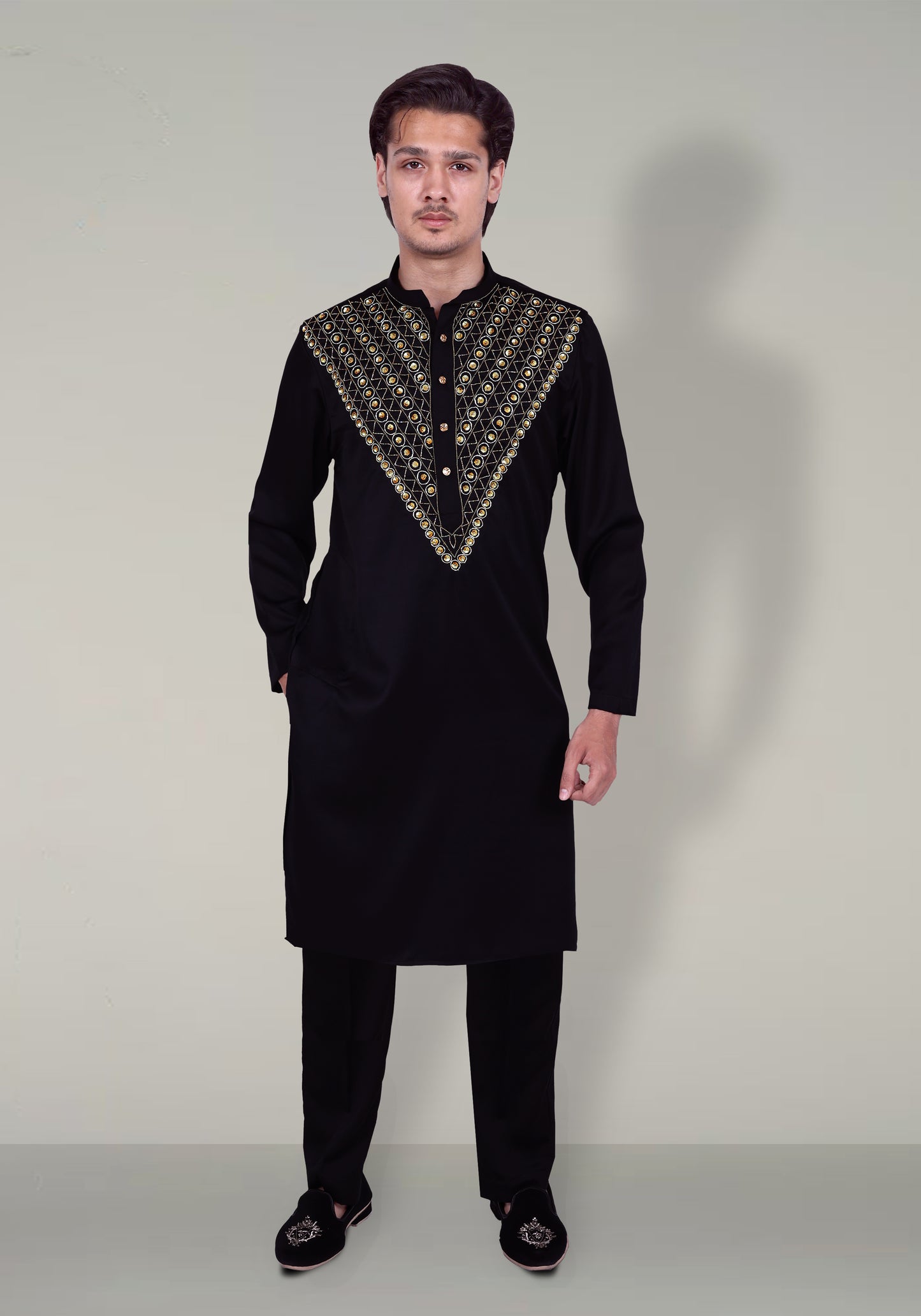V Neck Hand Embroidered Kurta Set